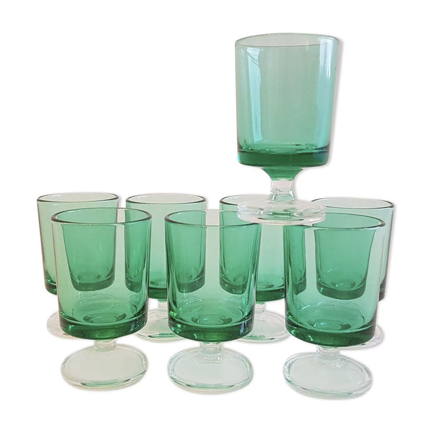 6 old luminarc foot glasses light green h9.2 cm