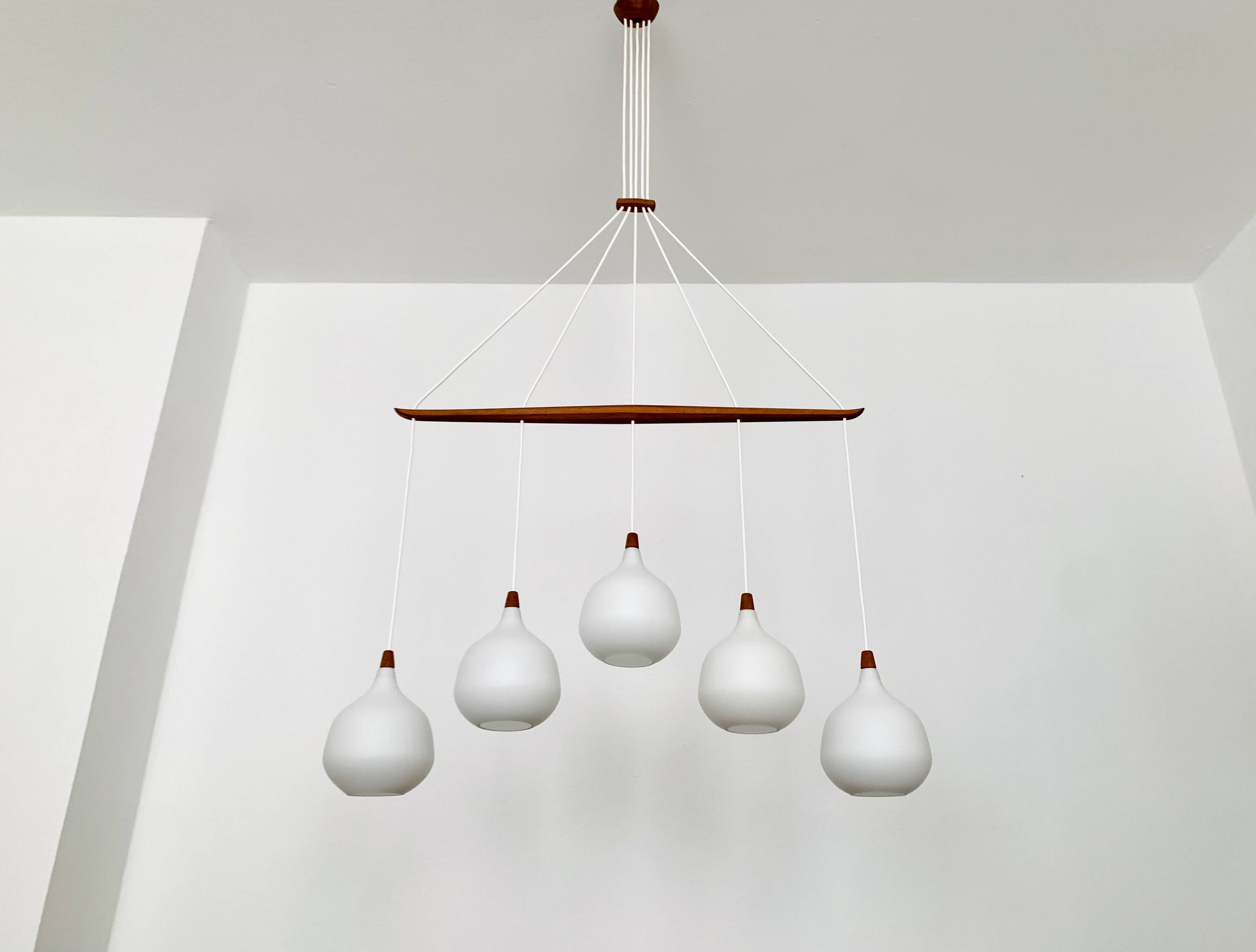 Opaline and Teak Chandelier by Uno and Östen Kristiansson for Luxus