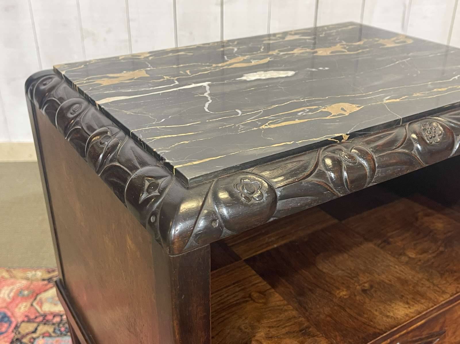 Art Deco bedside table in rosewood, walnut burl, and marble top.