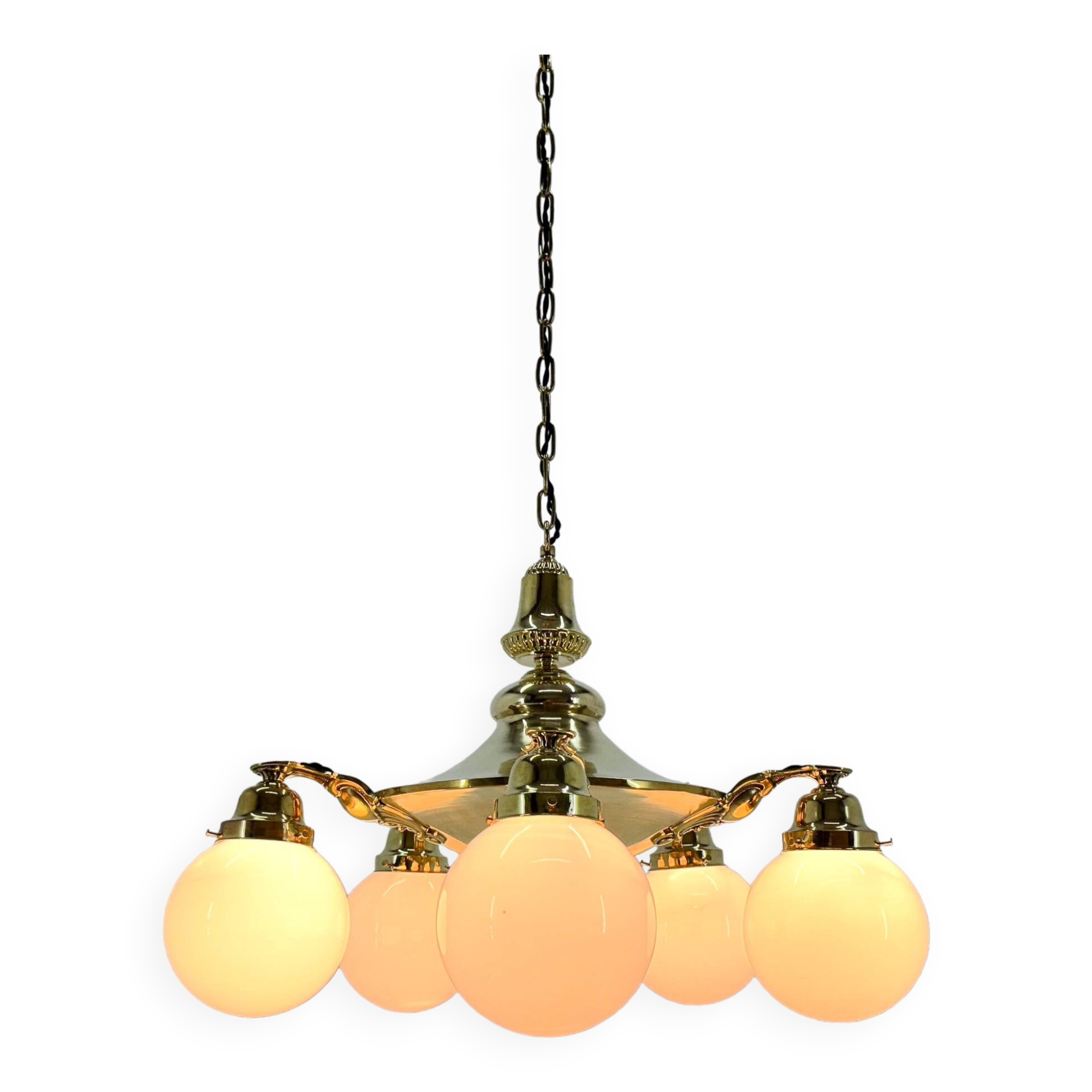 Large Art Deco Bras Chandelier, Restored