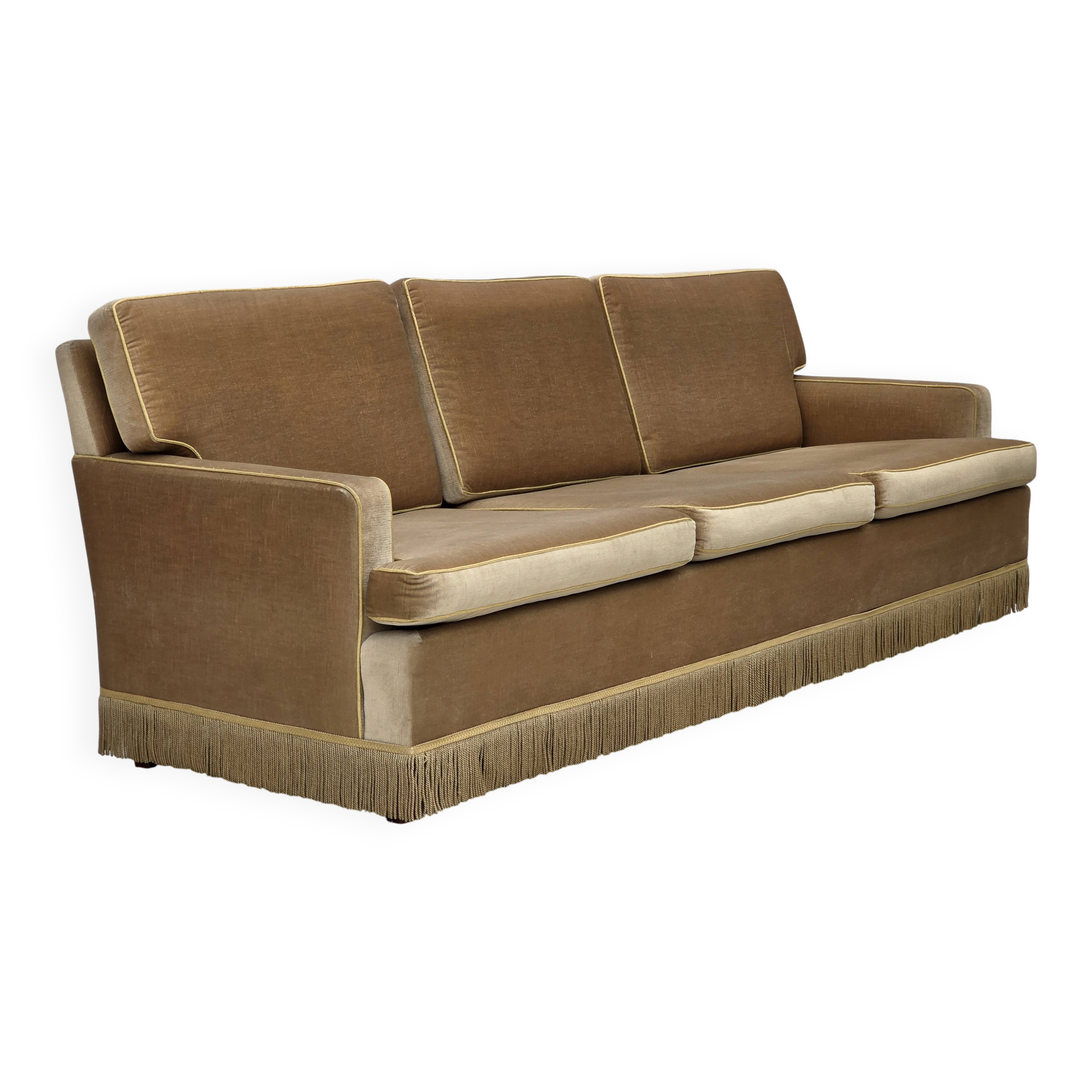 1970s, Danish 3-seater sofa, honey yellow furniture velour.