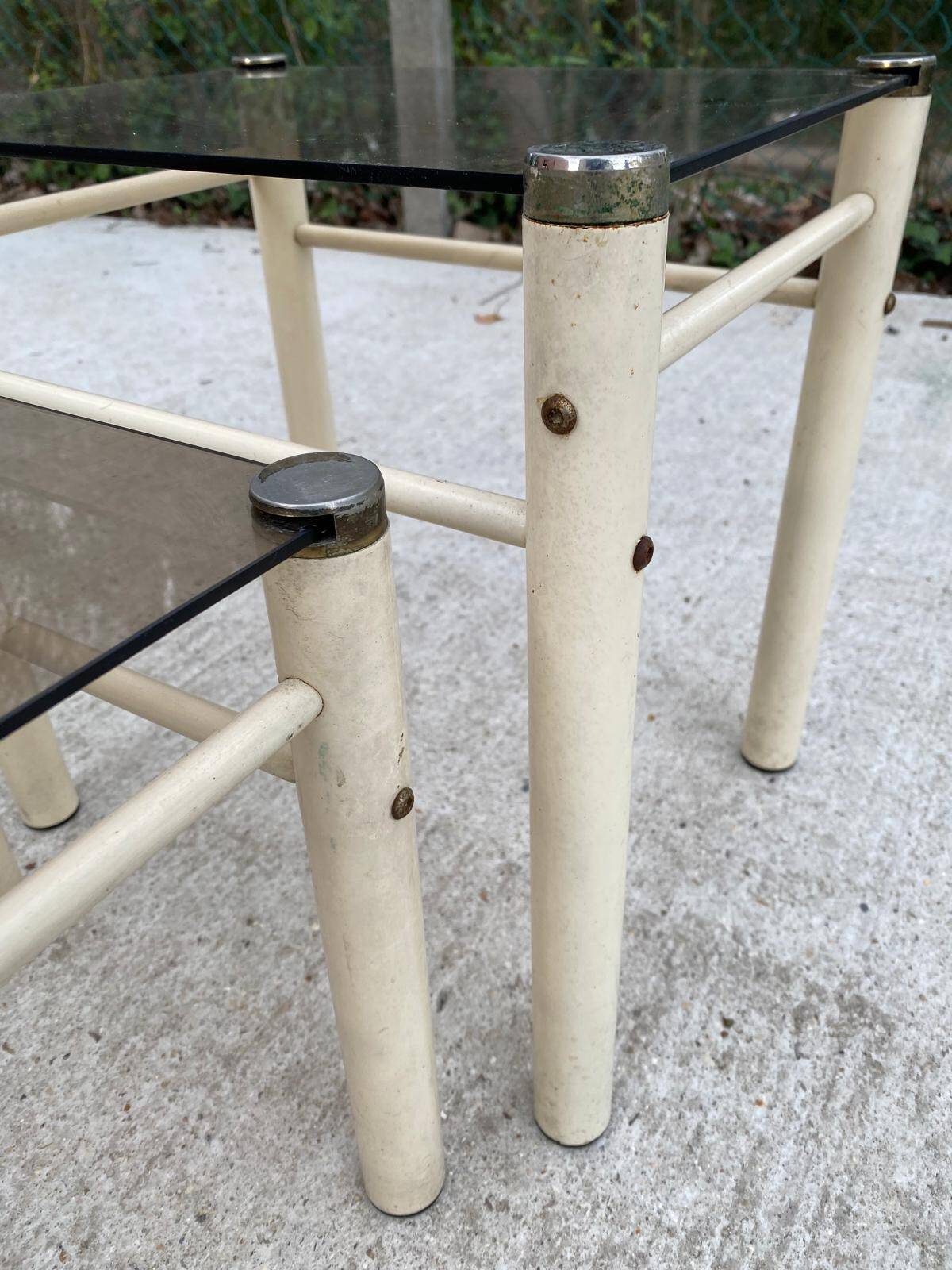 2 industrial beige glass nesting coffee tables by Yves Boutboul, 1970