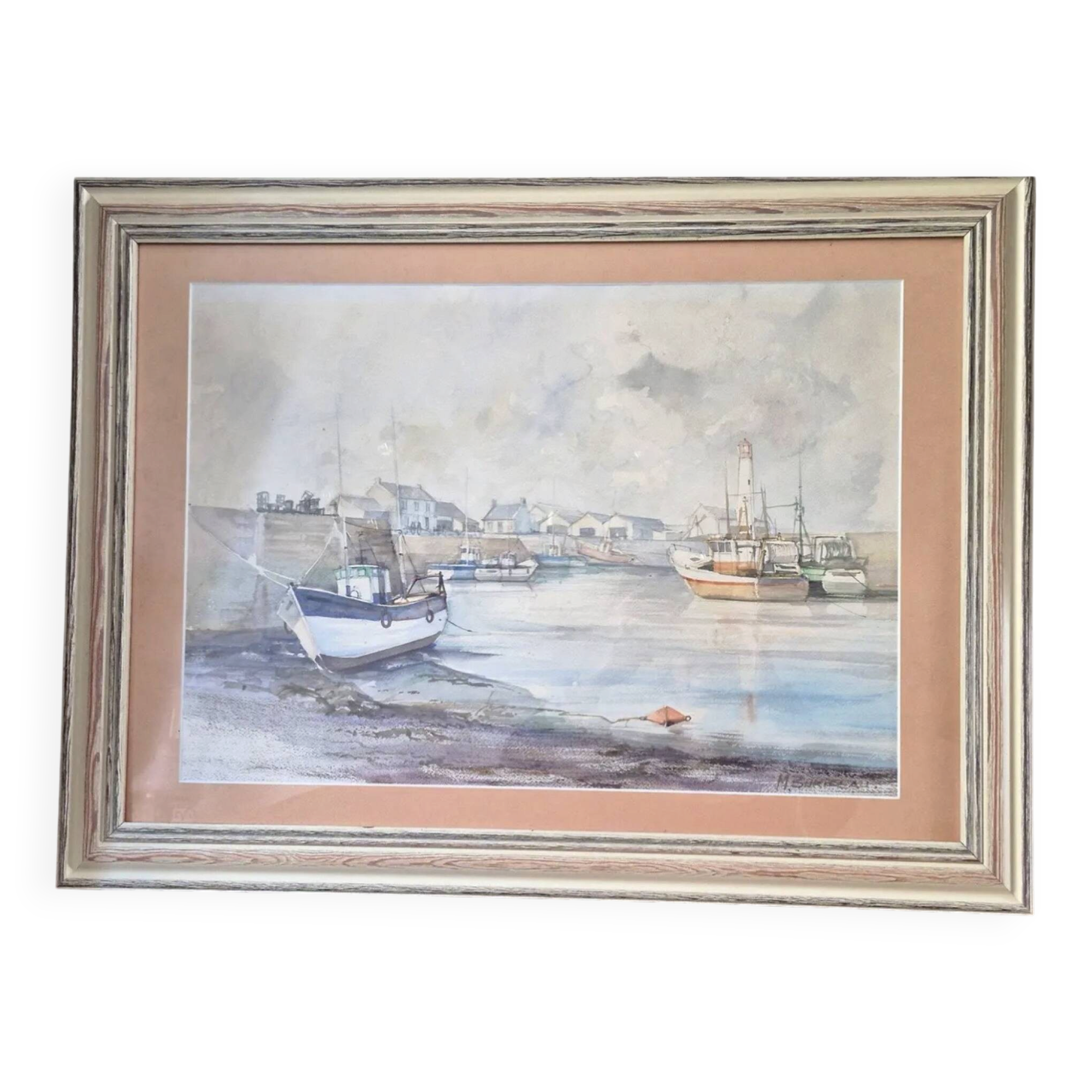 Watercolour – Fishing port – Signed Michel Burbeau?