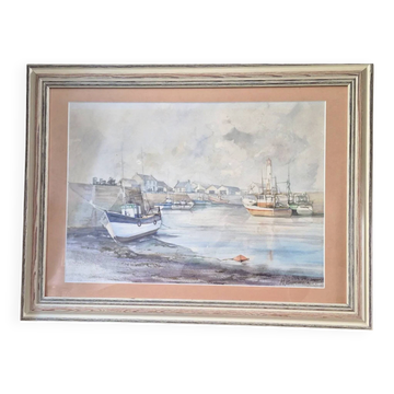Watercolour – Fishing port – Signed Michel Burbeau?
