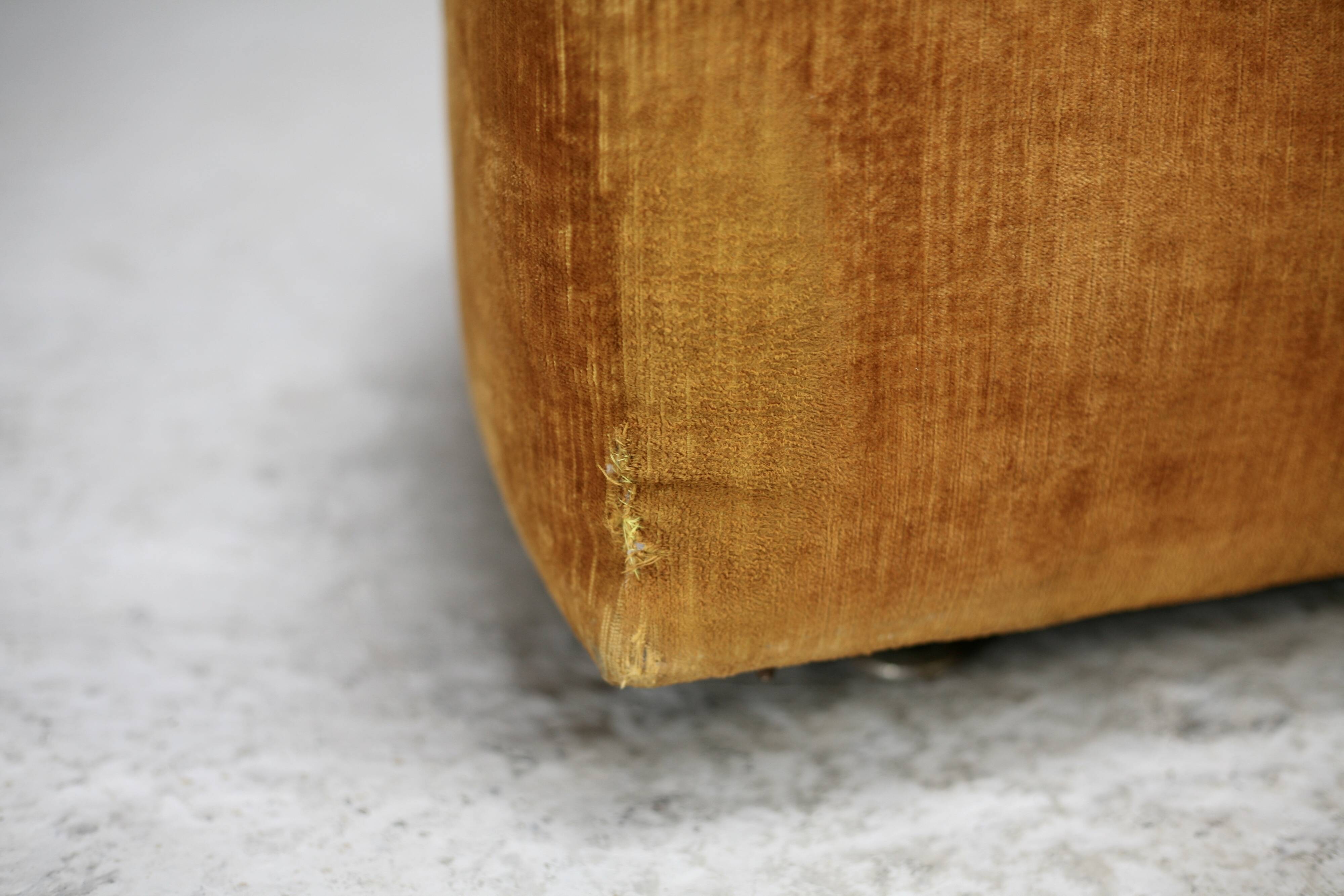 Pair of “tawny” velvet seats. Foam, wood, velvet. Circa 1970