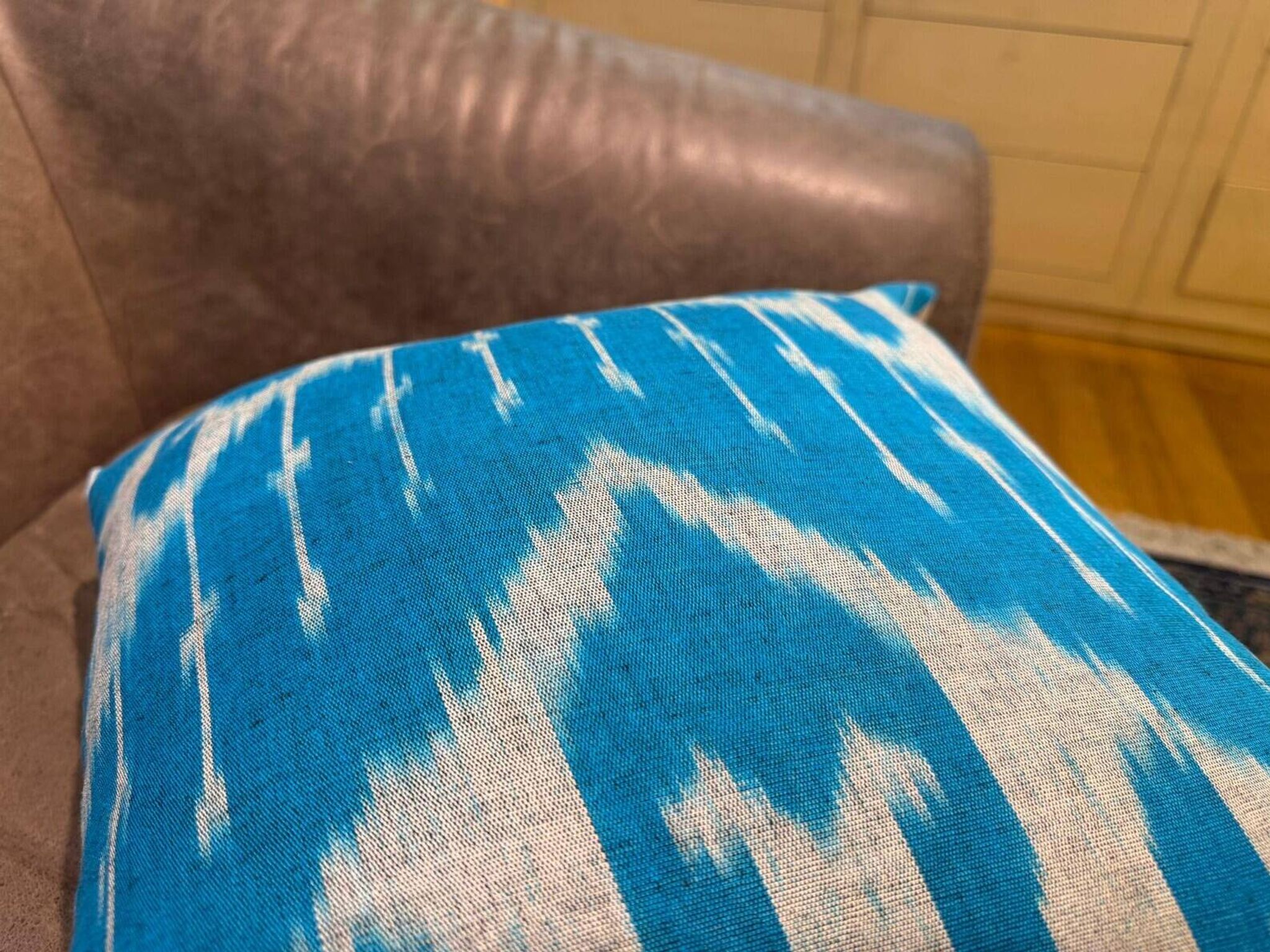 Vintage Silk Ikat Square Cushion Cover, Sky Blue White Arch Medallion 16x16