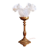 Table lamp in gilded bronze with opalescent glass shade, early 20th century.