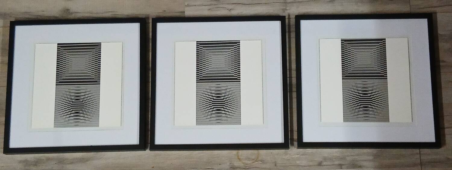 Vintage Optical Art Triptych - Victor Vasarely - 3 Frames 40x40cm