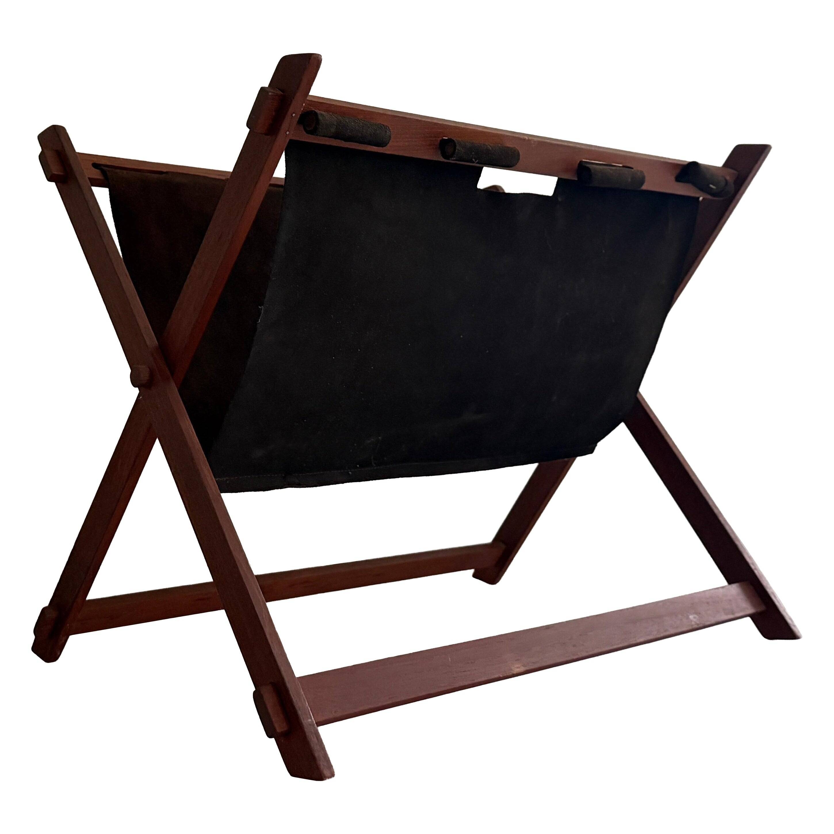 Support stand for mid-century teak and suede magazines and newspapers, 1960, Germany.