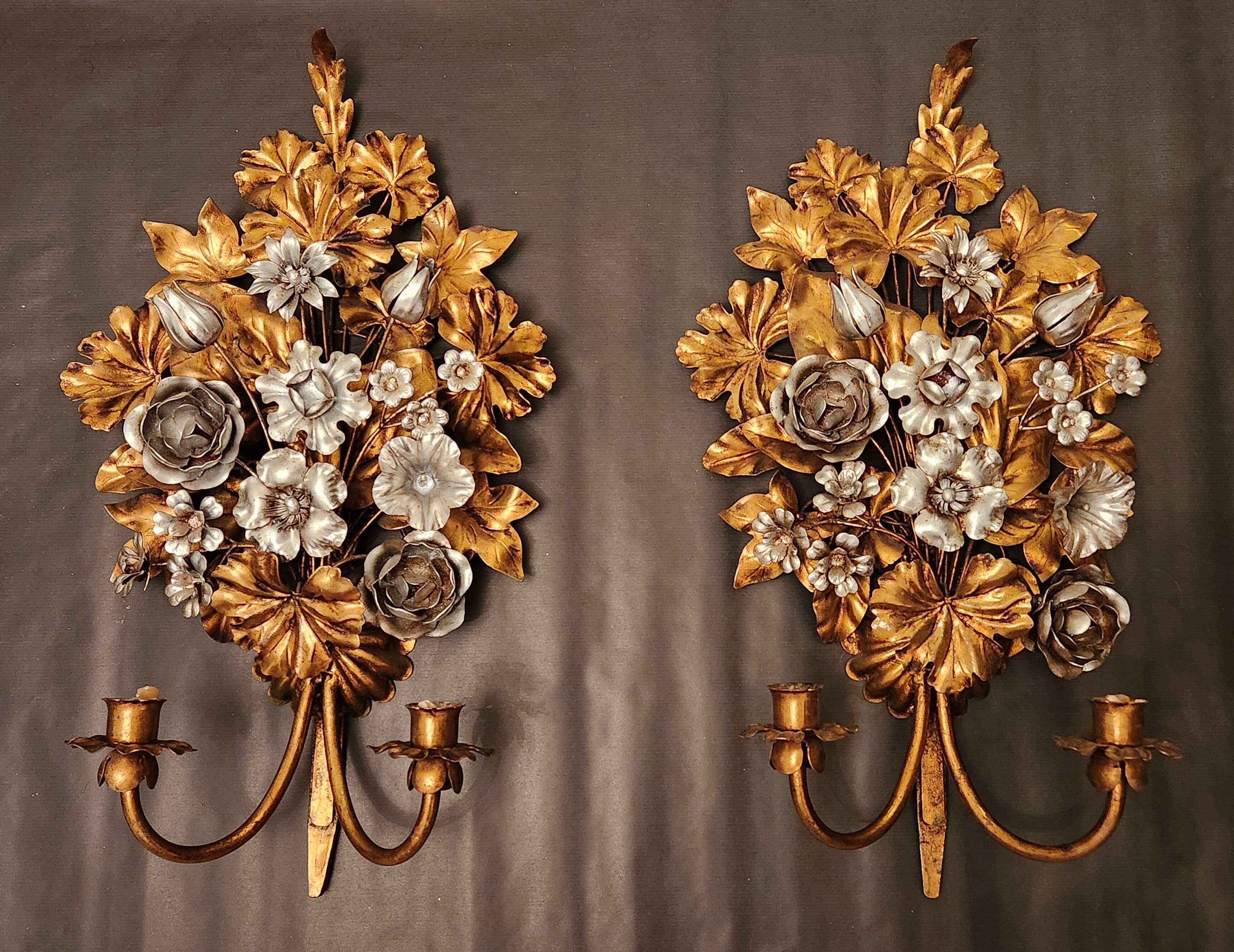 Hand-forged gilded silver-plated candle wall lamps by S. Salvadori