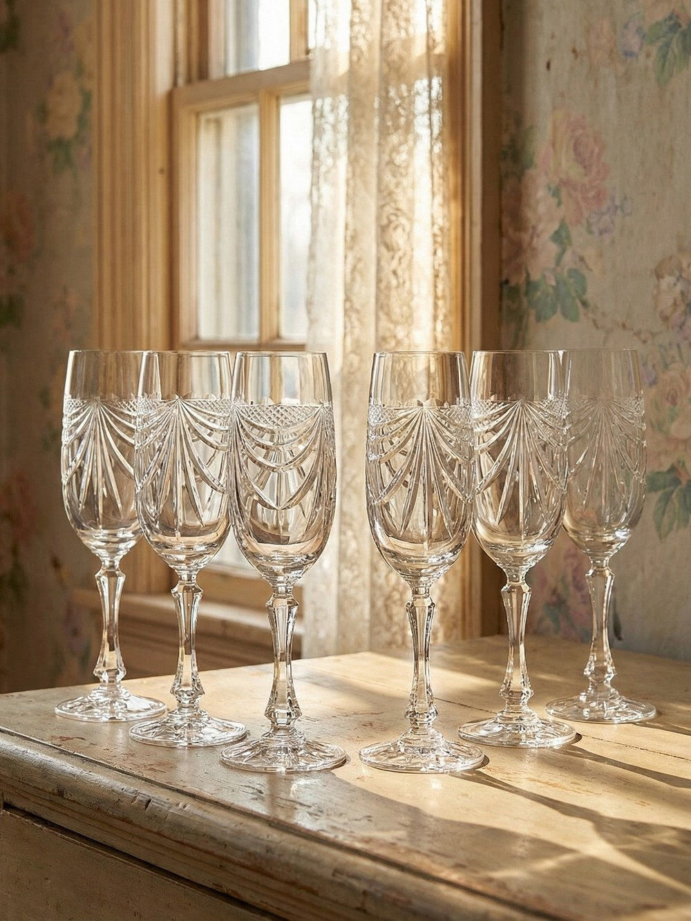 Set de 6 flûtes à champagne en cristal de Lorraine taillé main