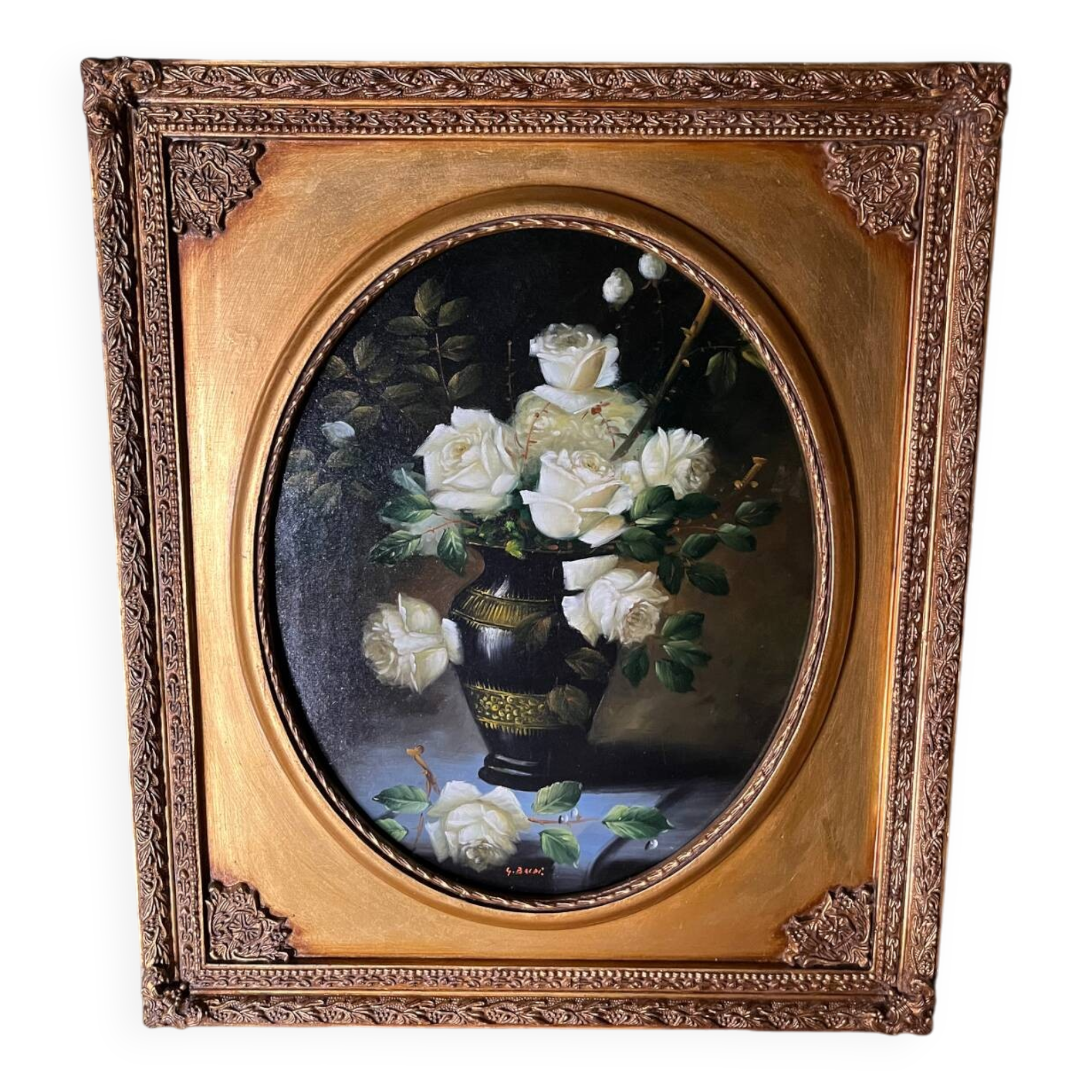 Large still life with white roses in an old gilded oval frame.