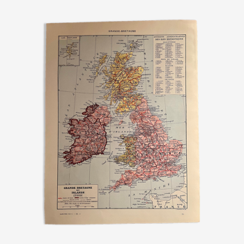 Lithographie carte de la Grande-Bretagne de 1928