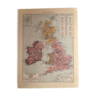 Lithographie carte de la Grande-Bretagne de 1928