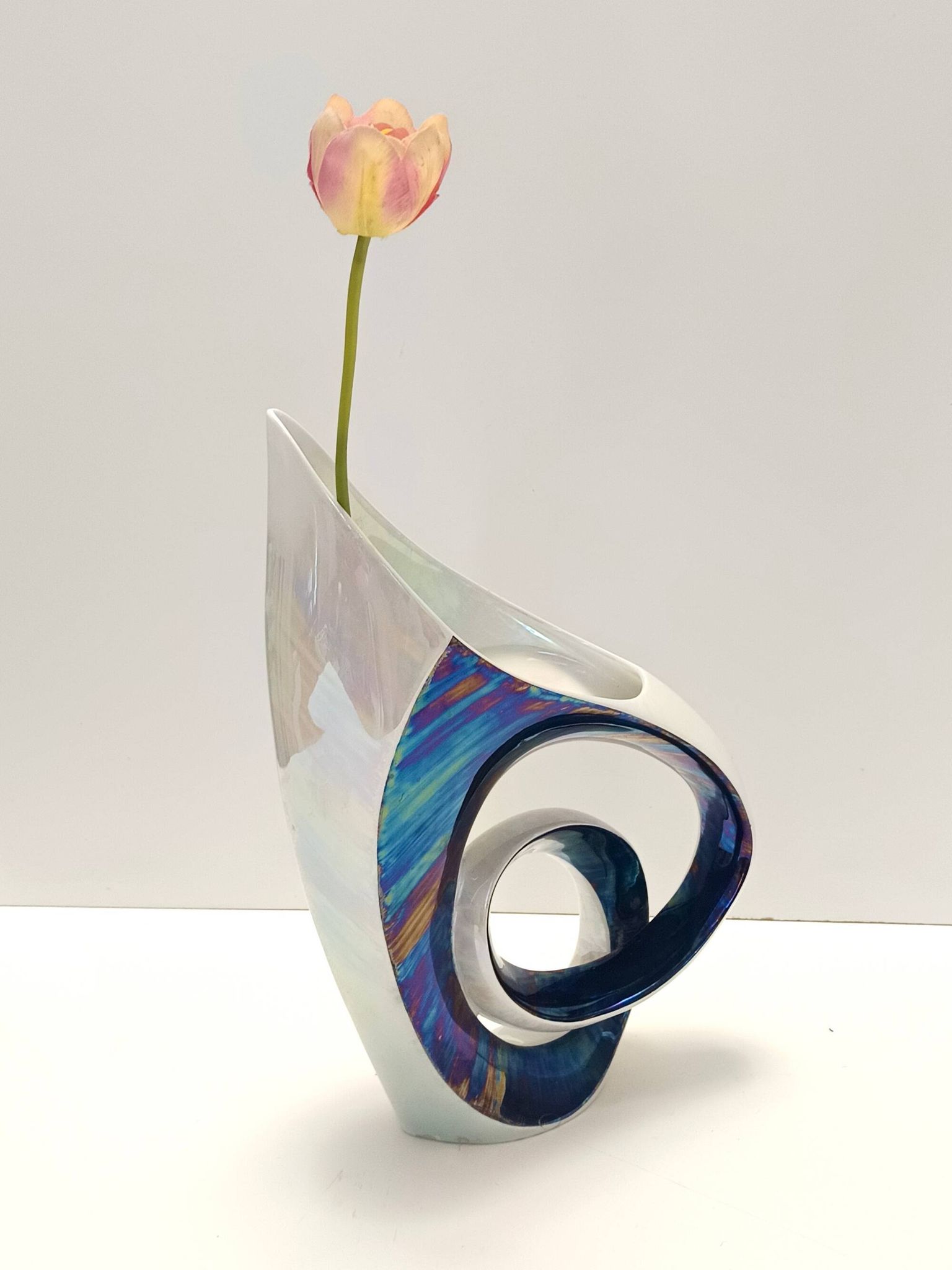 White and Iridescent Blue Ceramic Vase / Centerpiece by Lusso, Italy
