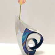 White and Iridescent Blue Ceramic Vase / Centerpiece by Lusso, Italy
