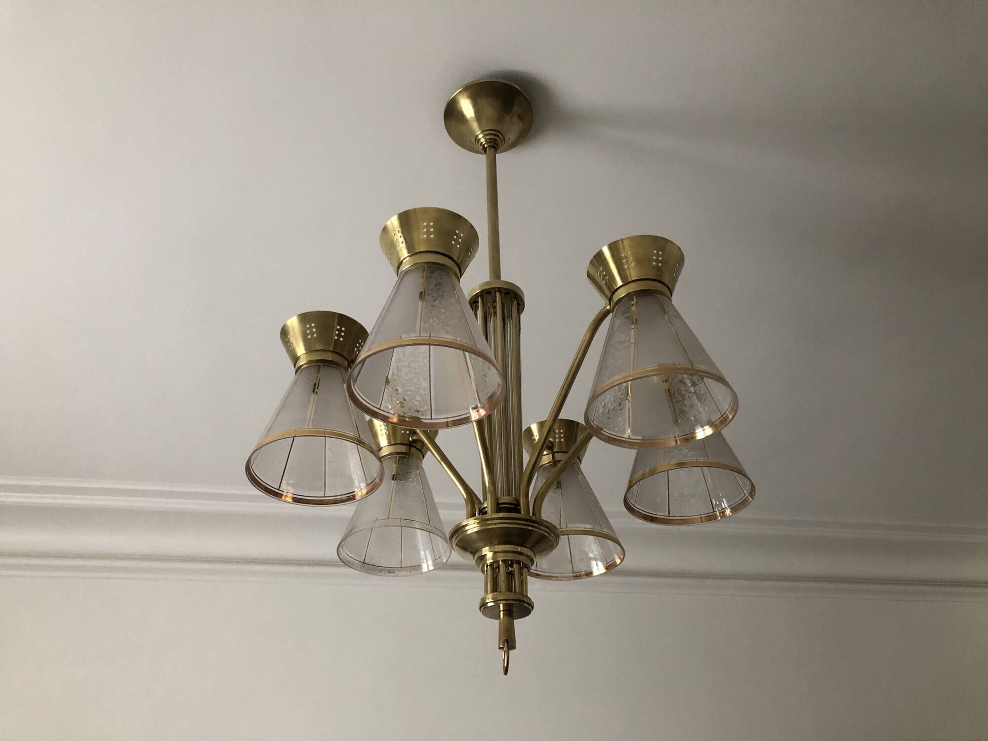 1950s six-branch brass and glass chandelier