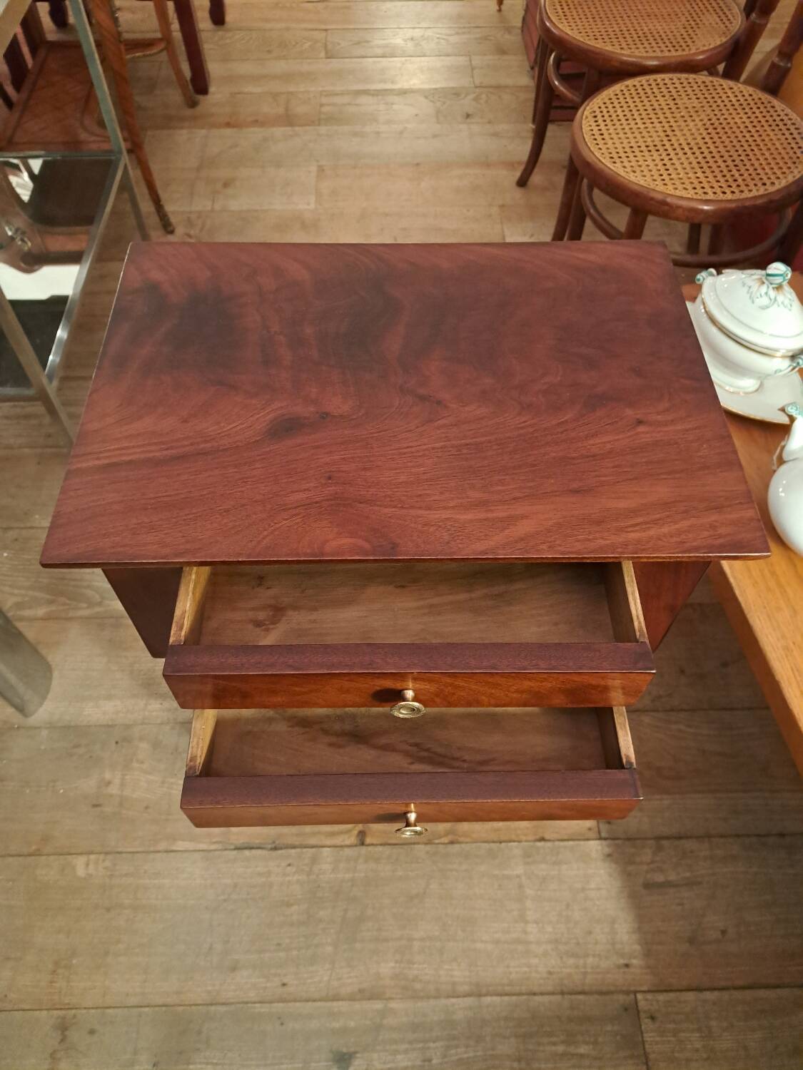 Empire style bedside table in mahogany and bronze