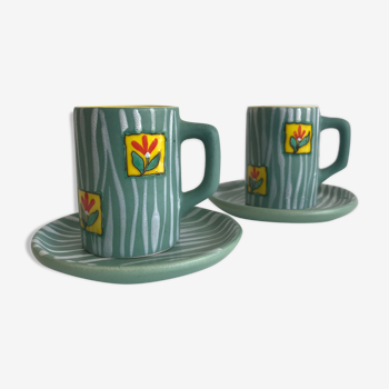 Pair of espresso cups in 1950s ceramic by Gabriel Fourmaintraux in Desvres lot 2