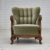 1960s, Danish armchair, green furniture velour, carved oak wood.