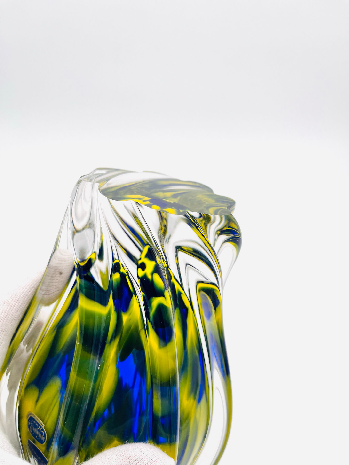 Vase Josef Hospodka Chřibská Macchia Blue Yellow Bohemian Glass 60s
