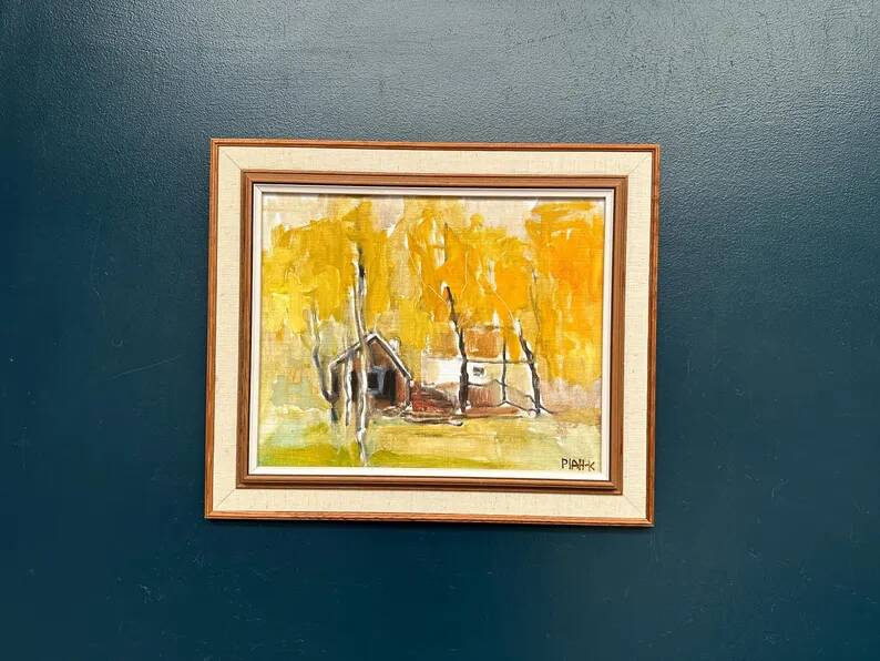 Original Swedish Oil on Canvas – "Houses and Trees in Autumn" by Pia H. Campbell