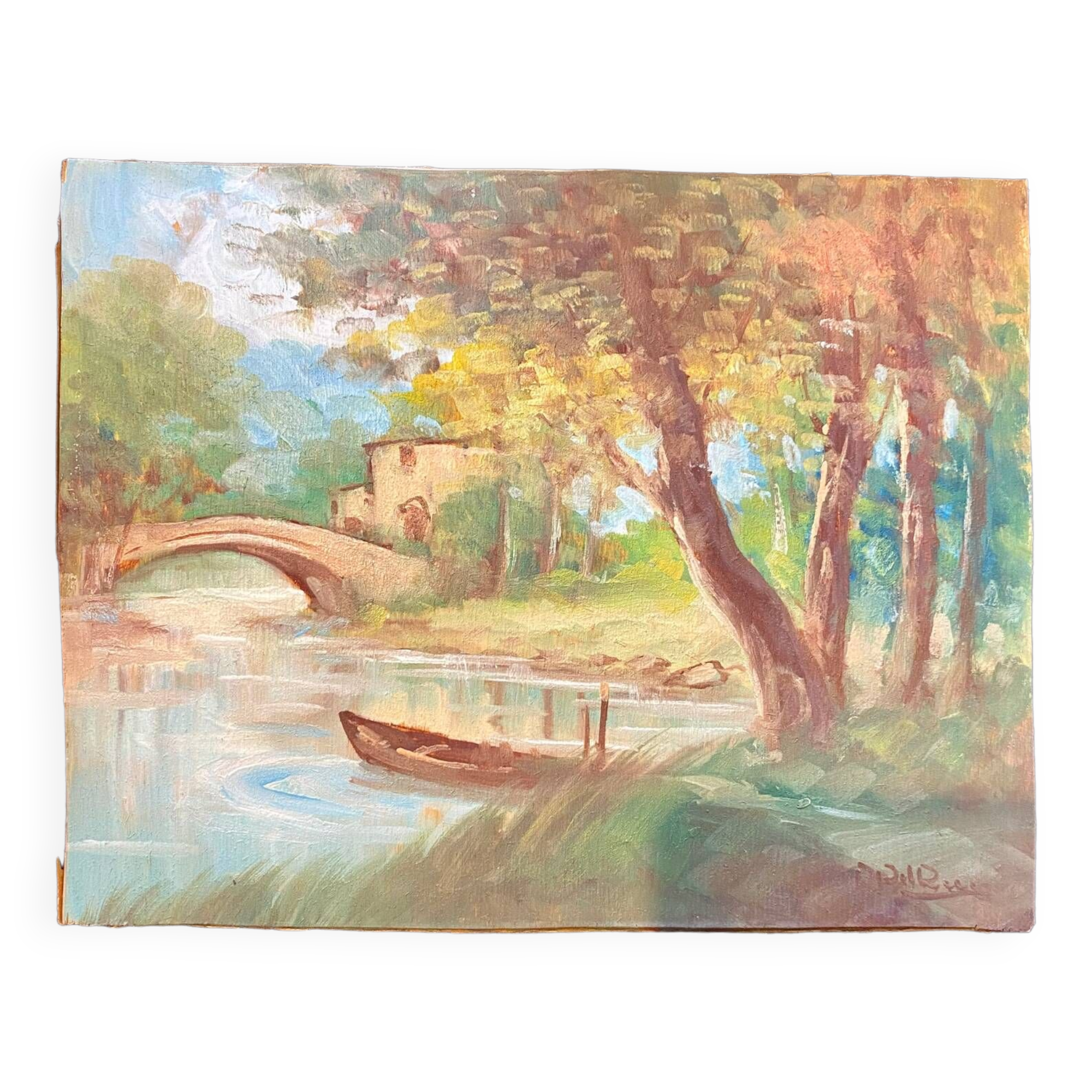 Tableau ancien paysage à la rivière XX siècle