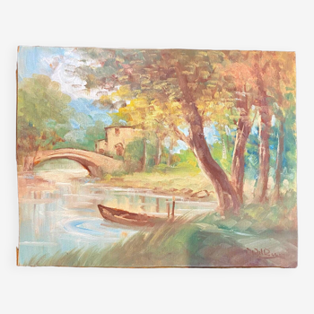 Old landscape painting at the river 20th century