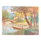 Old landscape painting at the river 20th century