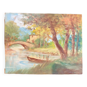 Old landscape painting at the river 20th century
