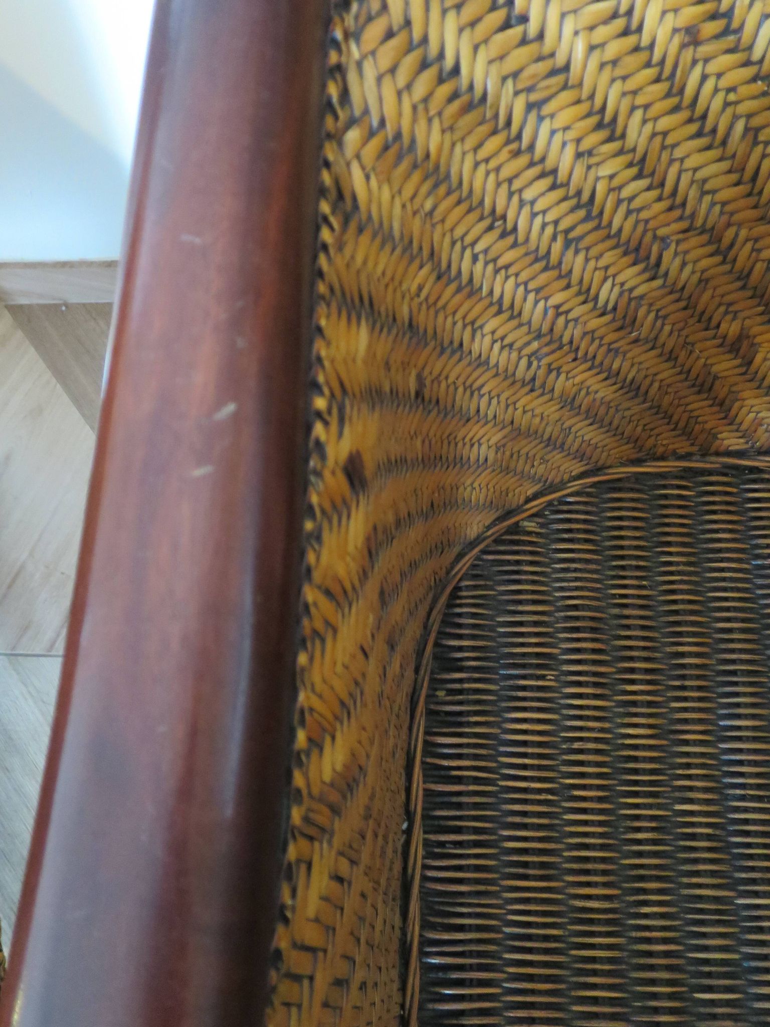 Set of 2 armchairs in woven rattan and exotic wood, 1980s