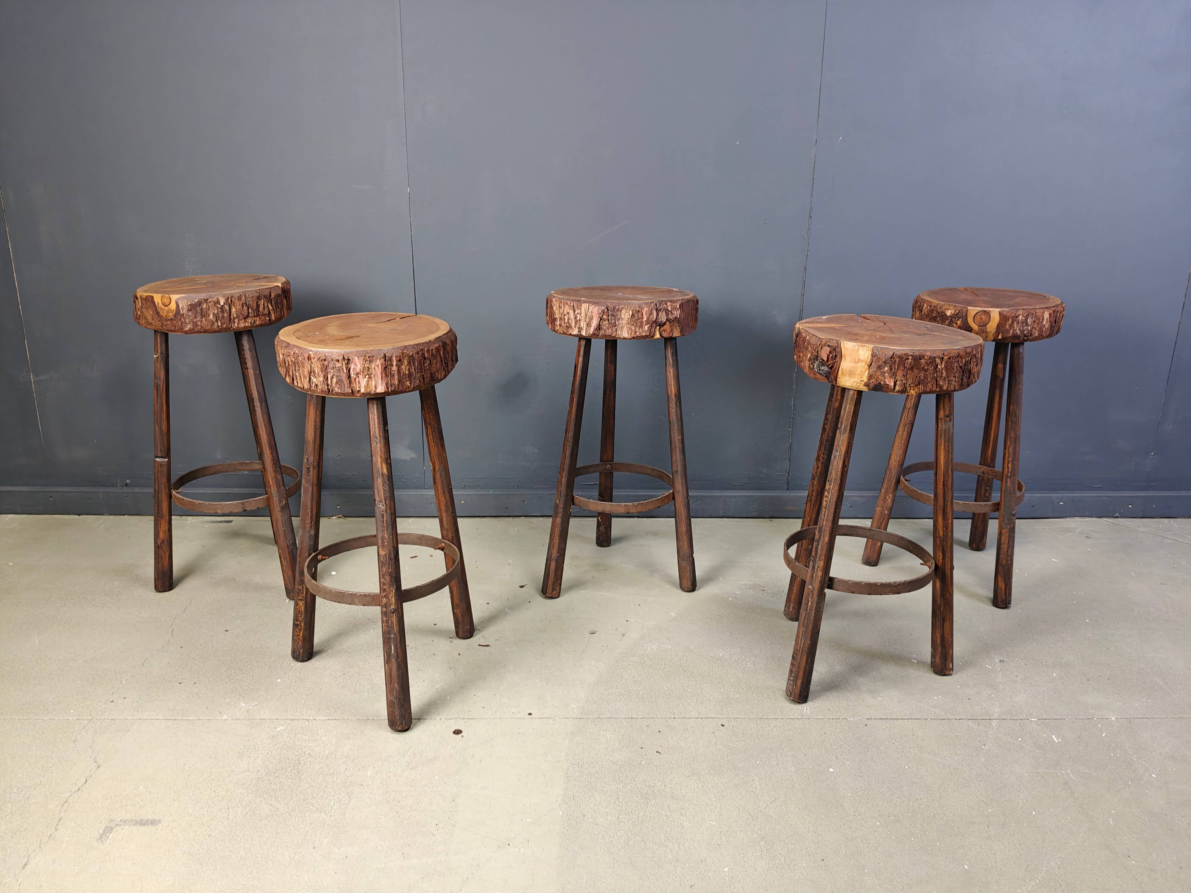Vintage tree trunk bar stools, 1970s - set of 5