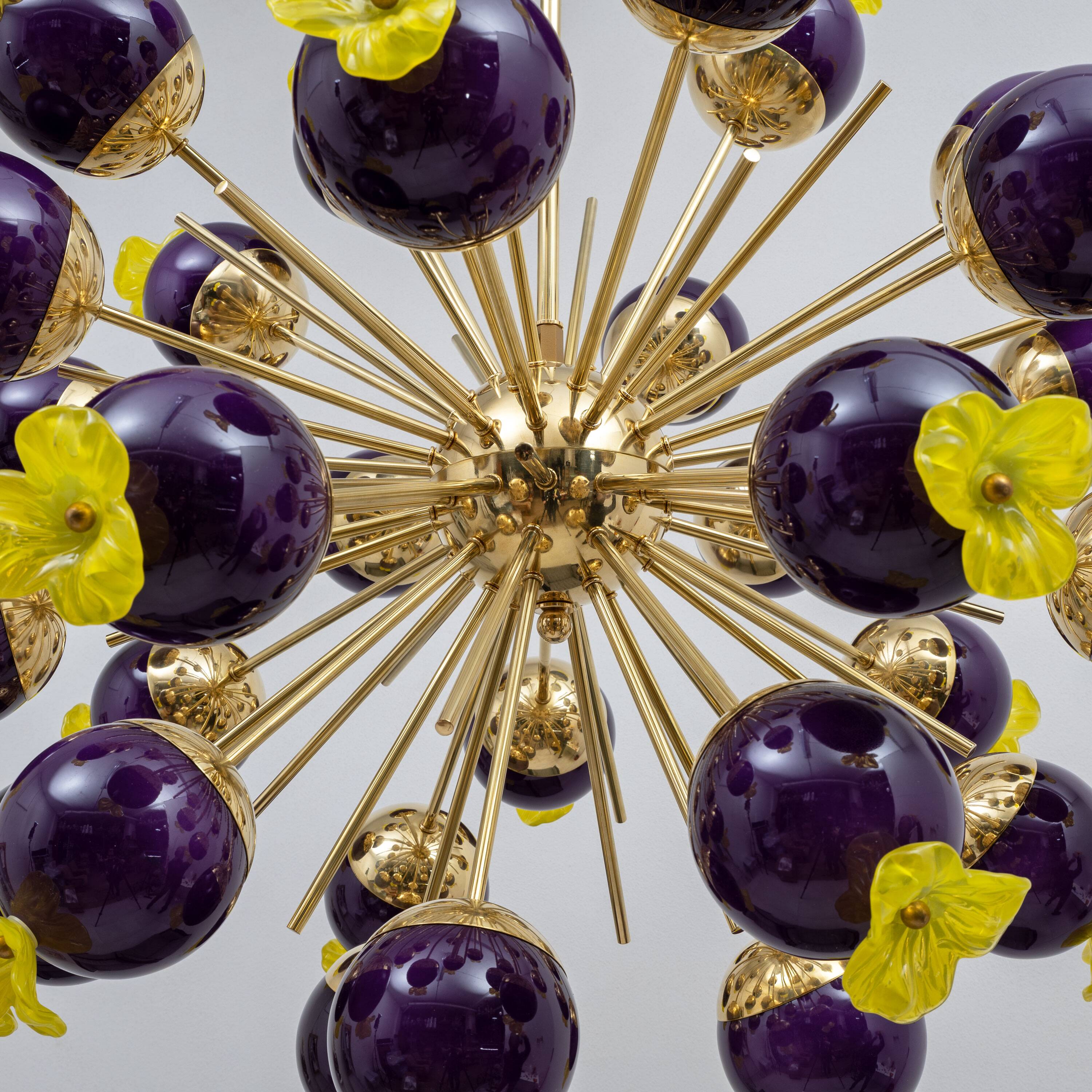 Italian Murano Glass and Brass Sputnik Chandelier, Yellow and Purple Sphere