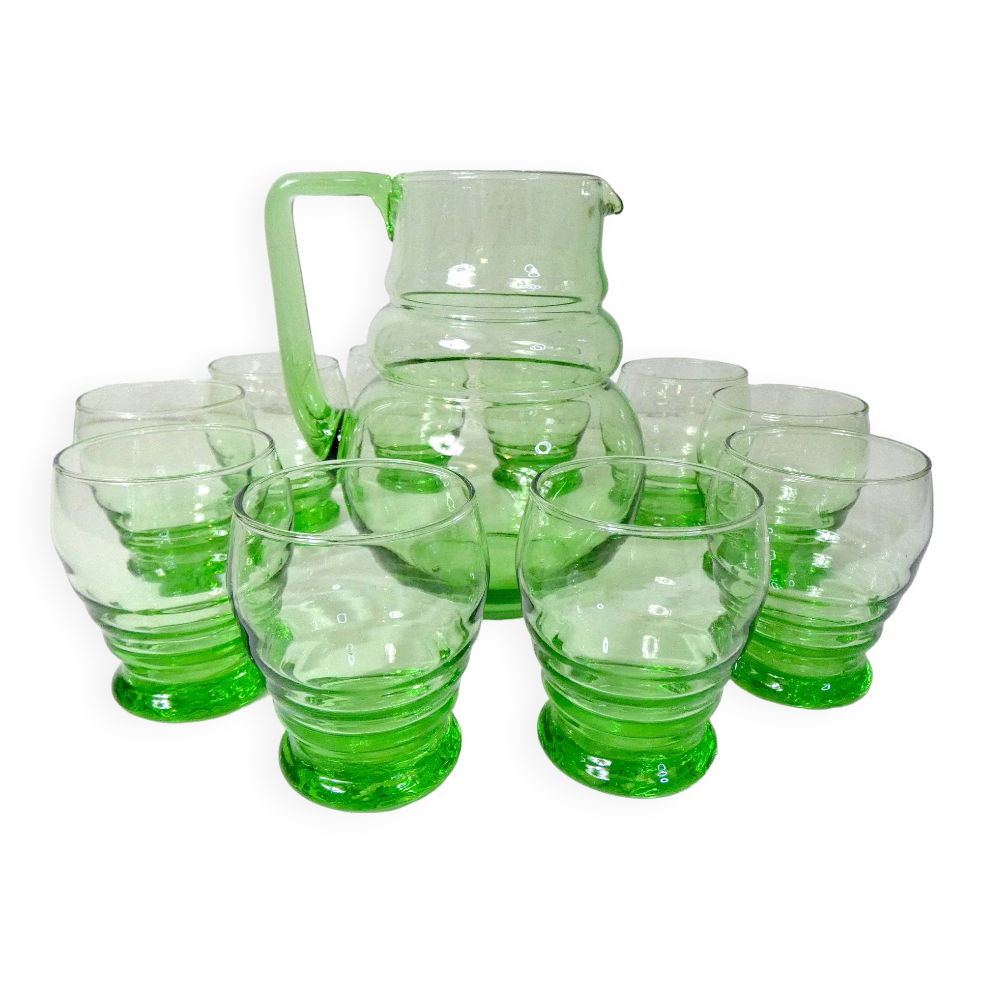 old service 10 water glasses and carafe in blown glass