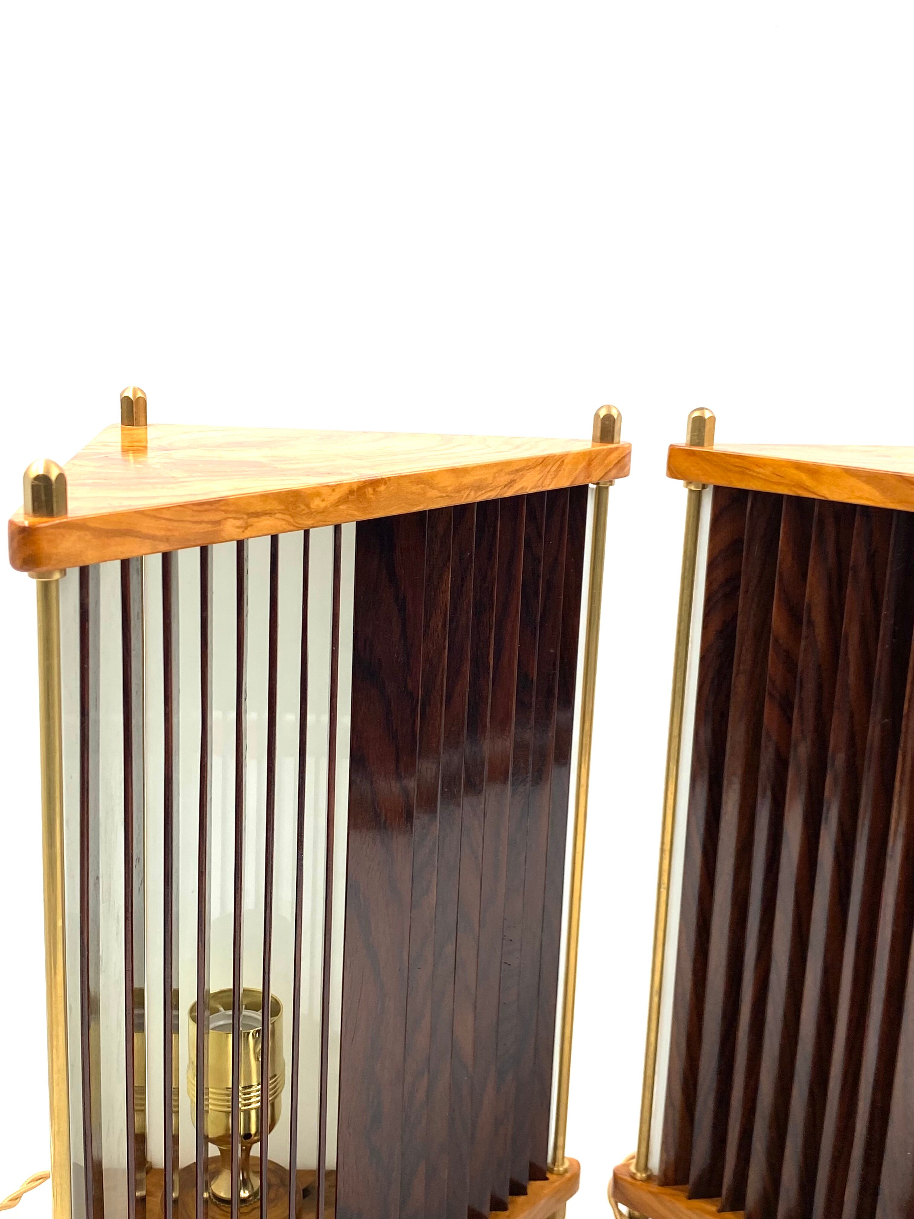 Leonardo Mosso 2 palisander and brass table lamps, Italy 1970s