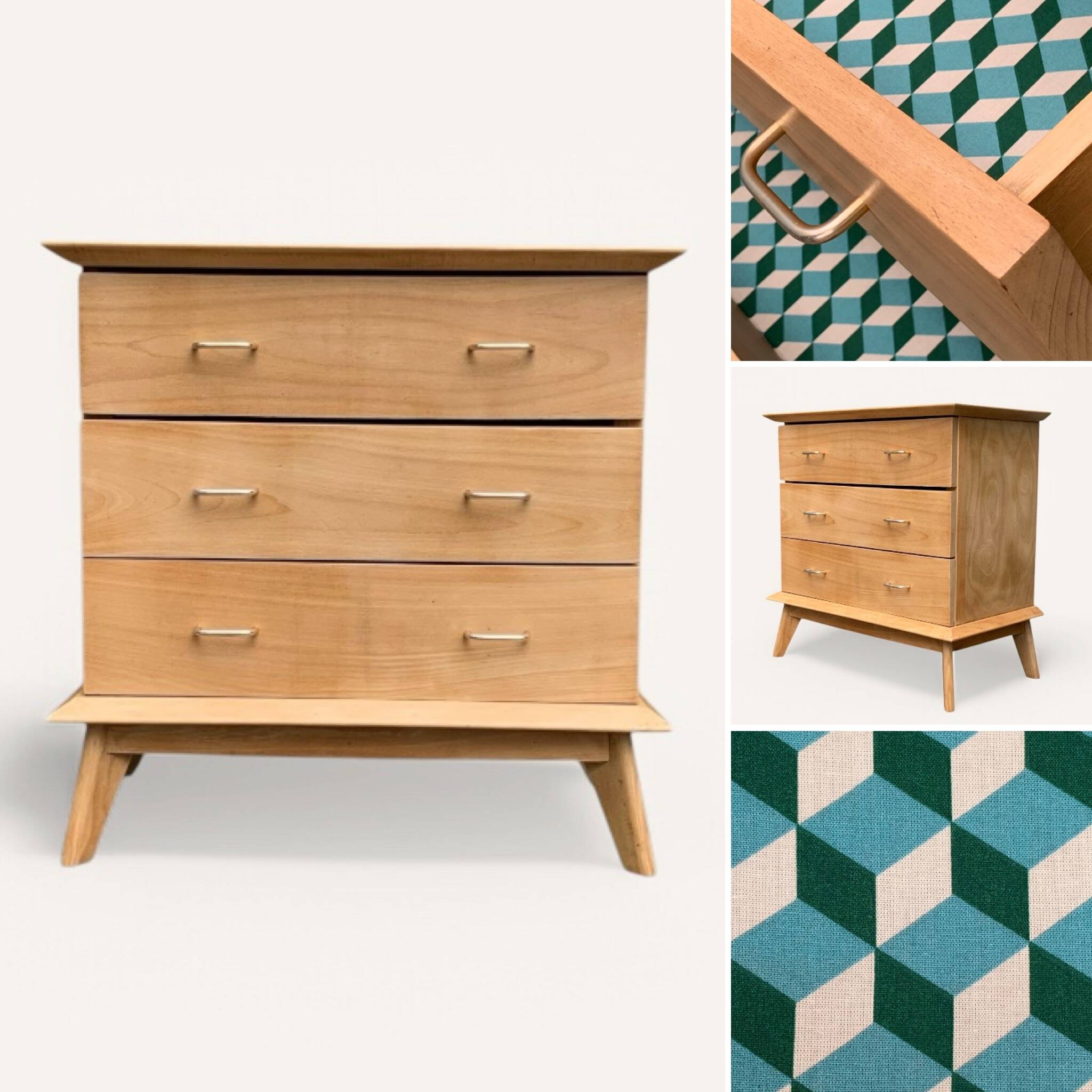 Vintage chest of drawers with compass feet, solid raw beech, 1960s