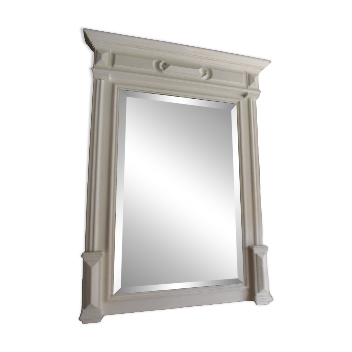 Antique bevelled mirror, frame in pearl grey patinated wood.