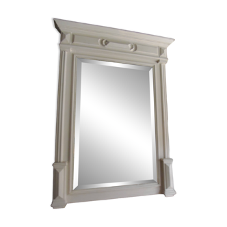 Antique bevelled mirror, frame in pearl grey patinated wood.