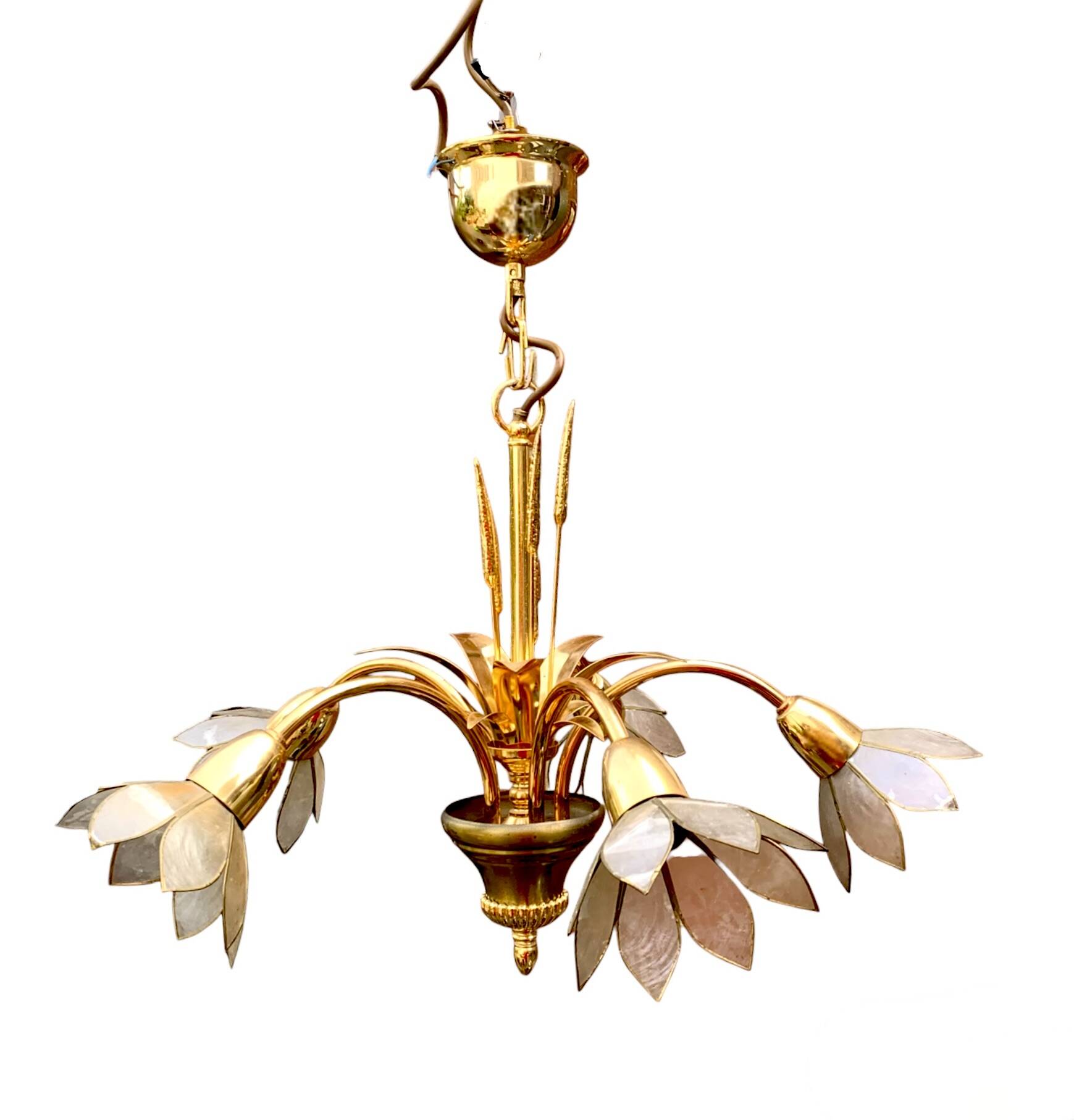 Vintage chandelier in gold metal and mother-of-pearl petals - 5 branches