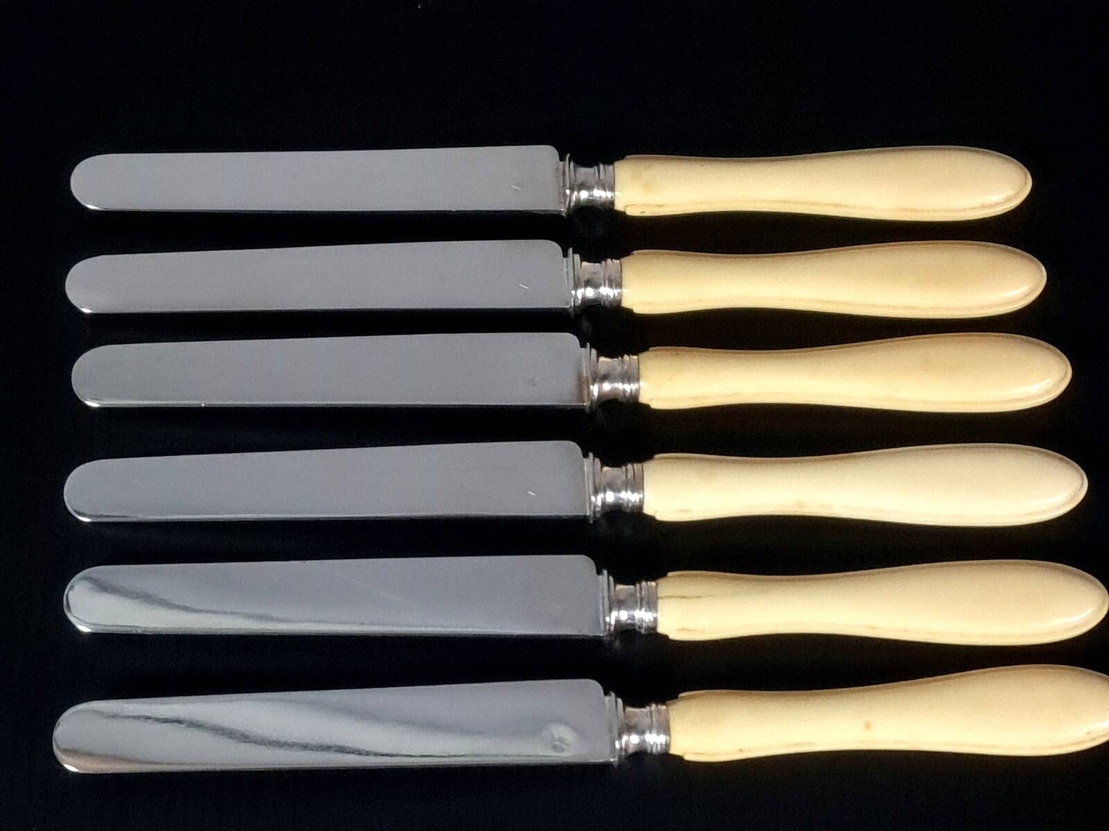 6 old silver blade knives, Hénin Cie hallmark + Minerva + case C651