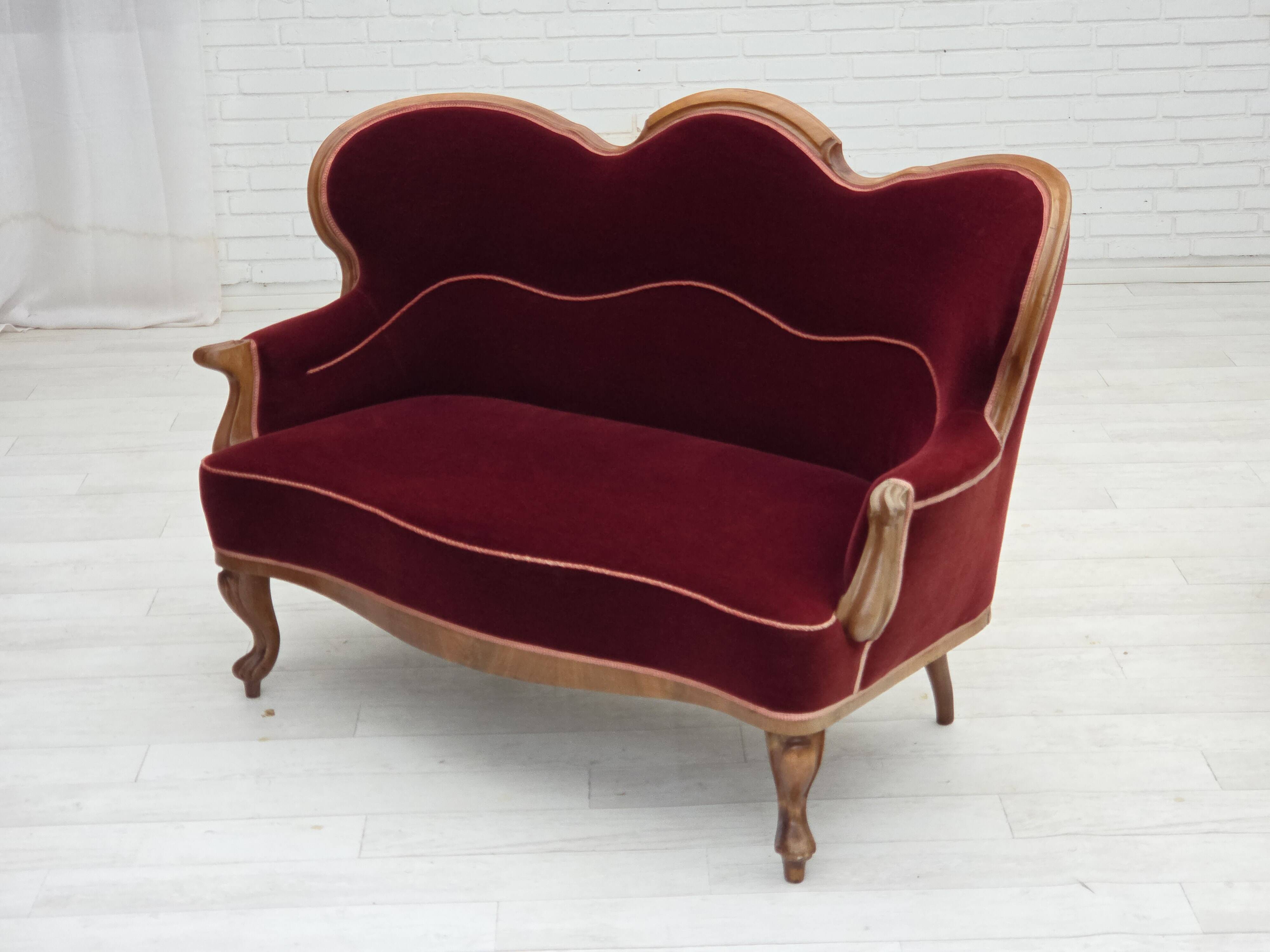 1930s, Danish 2-seater sofa, furniture velour, ash wood, reupholstered.