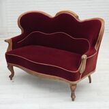 Canapé danois 2 places des années 1930, velours d'ameublement, bois de frêne, retapissé.