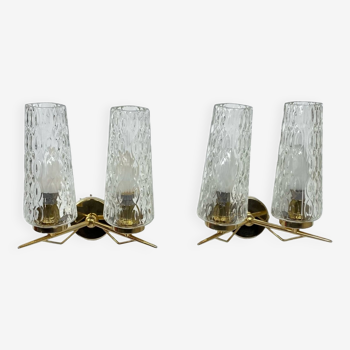 Pair of double wall lights in gold metal and glass tulips, old light fixture LAMP-7195