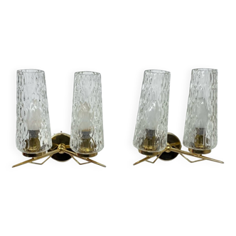 Pair of double wall lights in gold metal and glass tulips, old light fixture LAMP-7195