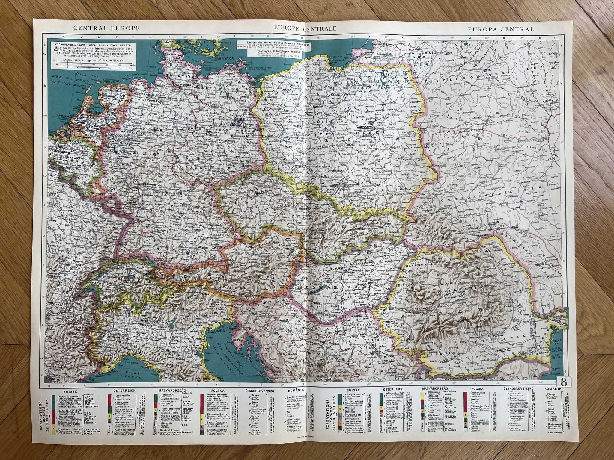 Carte ancienne Europe Centrale — Flux commerciaux 1947 | Suisse, Autri