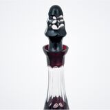 Crystal decanter in maroon color with glasses, Poland, 1960s
