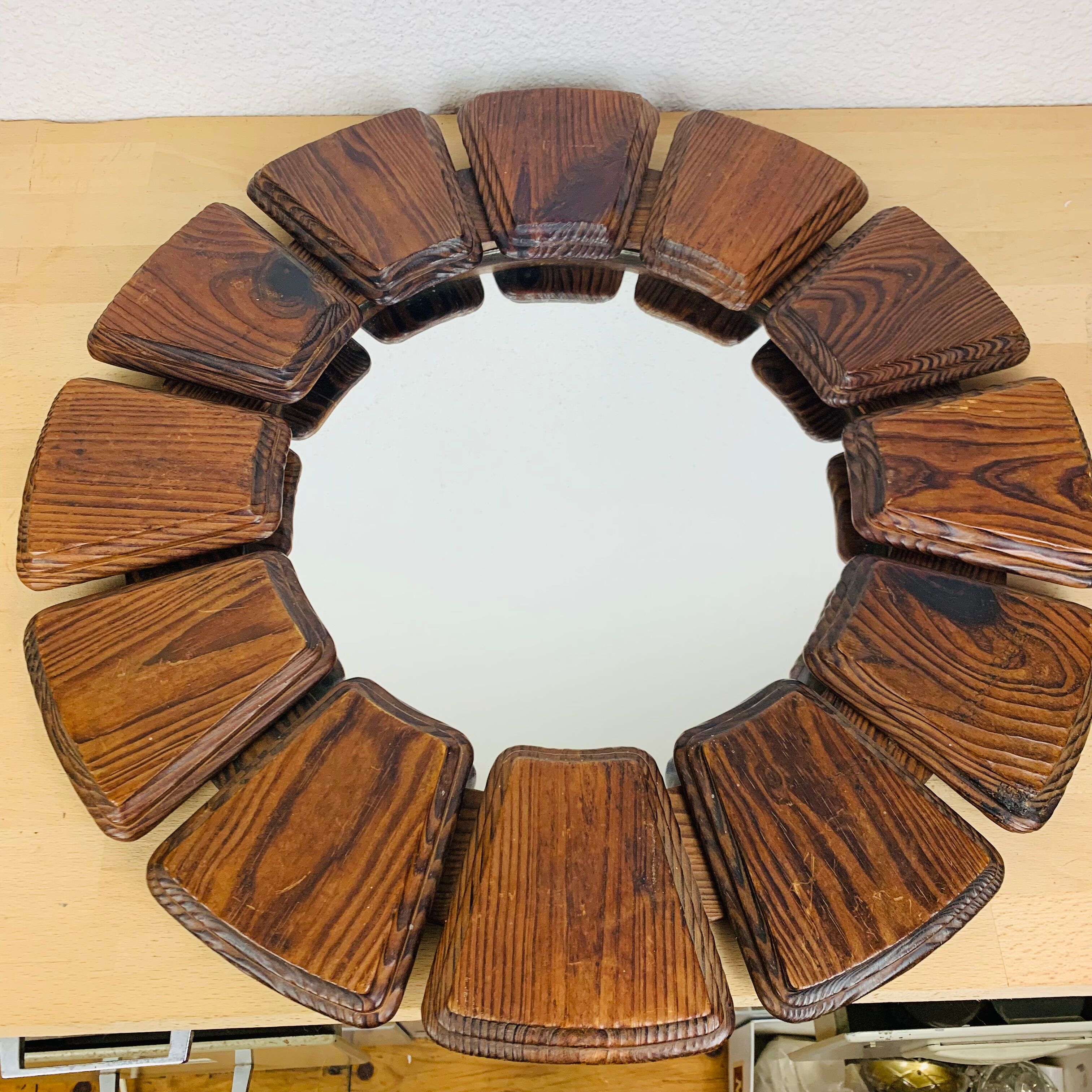 Brutalist mirror round wood 52 cm