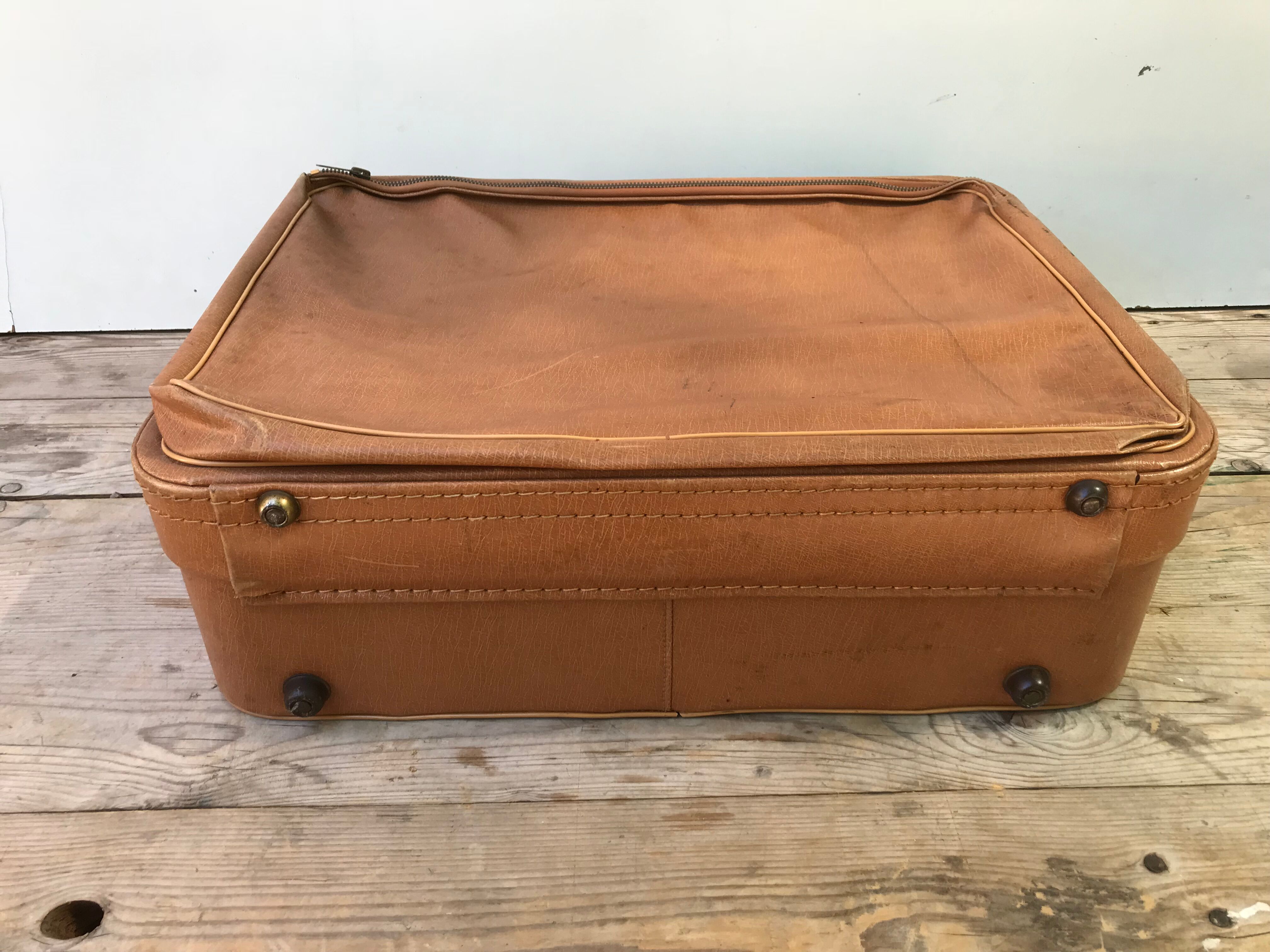 Old suitcase travel leather brown70s vintage