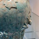 Handmade French ceramic lamp with ivy & frogs in turquoise glaze with gold accents