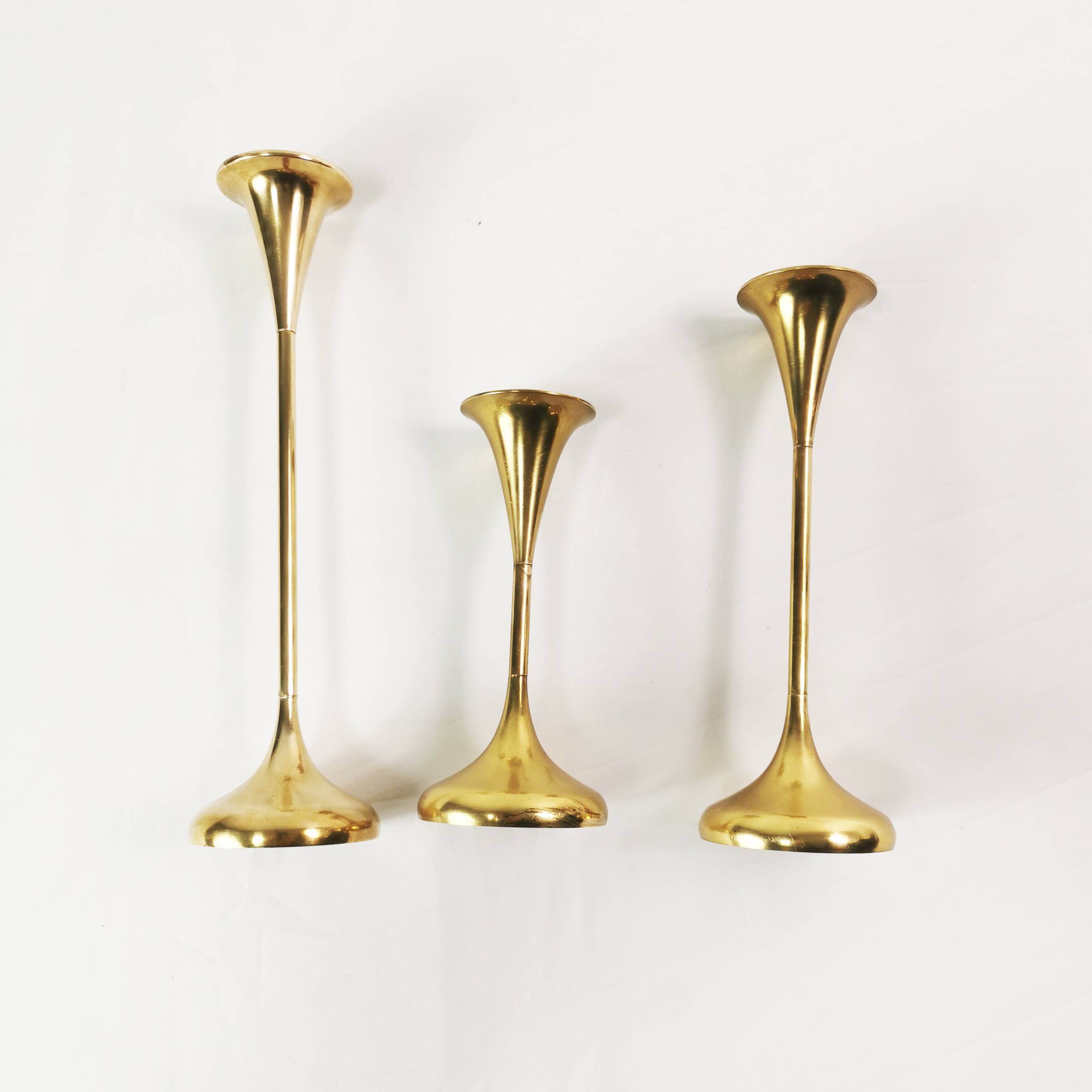 Set of modernist brass candlesticks, Denmark, 1960s.